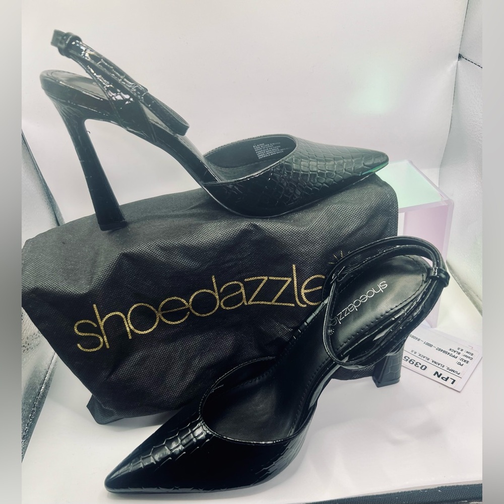 Shoe Dazzle Elaina croc embossed Glossy Black Heels size 8.5 NWOB